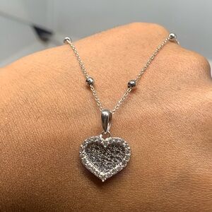 Genuine 10K White Gold Cubic Zirconia Heart Pendant & Ball Necklace